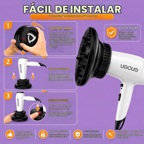 Vista 4 de LIGOLIG Difusor de cabello, difusor universal para secador de pelo de 1.4 a 2.4 pulgadas, difusor de pelo para cabello rizado y cabello ondulado