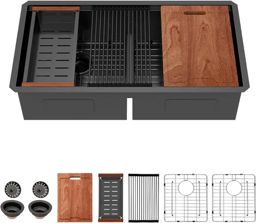 Vista 19 de Lordear Fregadero de cocina de 28 pulgadas de acero inoxidable de calibre 16 con doble plato y estación de trabajo de montaje inferior de 60/40