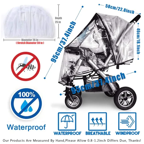 Vista 5 de Funda de lluvia para cochecito y mosquitera para cochecito de bebé (juego de 2 piezas), accesorio universal para cochecito, impermeable, protección