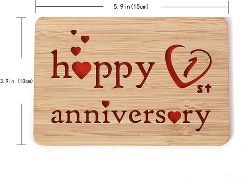 Vista 2 de Tarjeta de felicitación de madera para el primer aniversario, hecha a mano, 1 año, aniversario de boda, tarjeta de primer aniversario para ella, él