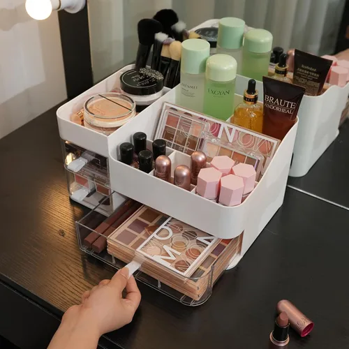 Vista 5 de KLGO Organizador de maquillaje y almacenamiento de cosméticos con 3 cajones transparentes, organizador de cuidado de la piel para baño, soporte