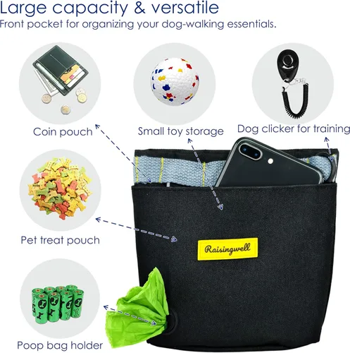 Vista 4 de Bolsa de premios para perros Raisingwell para caminar y entrenar con clicker, bolsa de silicona de 2 tazas, pequeña riñonera para cachorro, kit