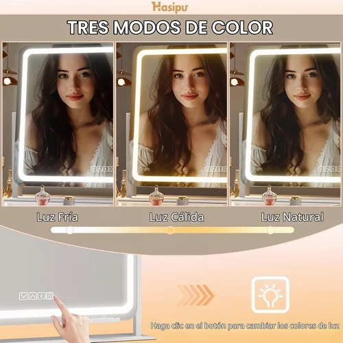 Vista 4 de Hasipu Espejo de tocador con luces y altavoz Bluetooth, espejo LED de maquillaje de 23.6 x 19.7 pulgadas, espejo iluminado con aumento de 10X