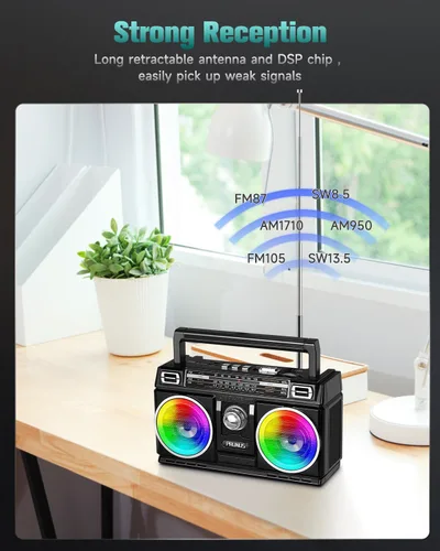 Vista 4 de PRUNUS 750 Radio AM FM Portátil con Bluetooth Altavoz Doble, Regalos para Papá y Mamá, Reproducción de Tarjeta USB/TF, Radios Recargables