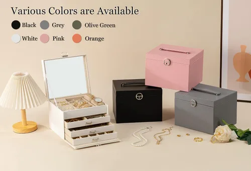 Vista 6 de PABBEU Joyeros para mujer, 4 capas, organizador de joyas negro con espejo y cerradura, 3 cajones, organizador grande de joyas para mujeres y niñas