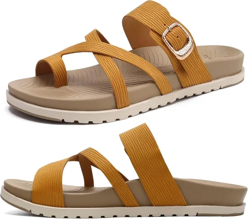 Vista 8 de KuaiLu - Sandalias ortopédicas para mujer con cómodo soporte de arco y amortiguación de tapete de yoga, sandalias planas de moda de verano de playa