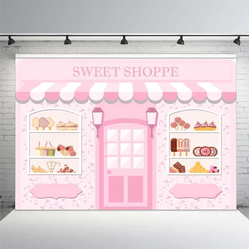 Vista 13 de MEHOFOND Telón de fondo Sweet Shoppe de 5 x 3 pies para niña, fondo de fotografía de cumpleaños, pancarta de fiesta para niños, baby shower, dona