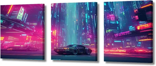 Vista 54 de Lienzo decorativo para pared de sala de estar, lienzo Cyberpunk, decoración de pared de 3 paneles, decoración de pared para el hogar, dormitorio