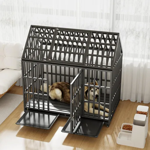 Vista 7 de Jaula extragrande para perros, jaula de hierro galvanizado resistente de 55 pulgadas, muebles con puerta delantera, puerta superior y 4 ruedas