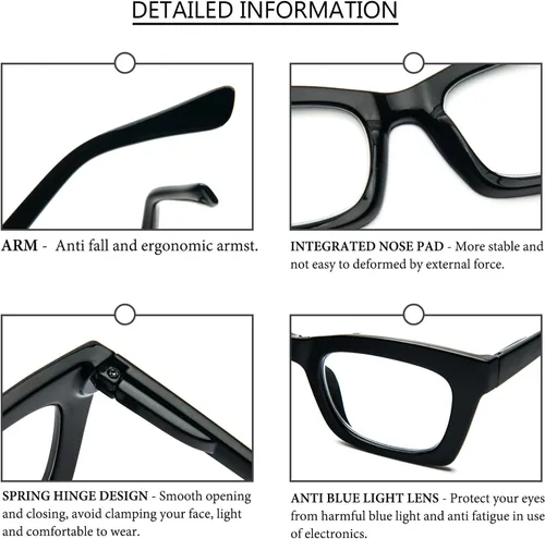 Vista 5 de Gafas de lectura para mujer, estilo Oprah, de gran tamaño, con bisagra de resorte cuadrada, lentes de bloqueo de luz azul