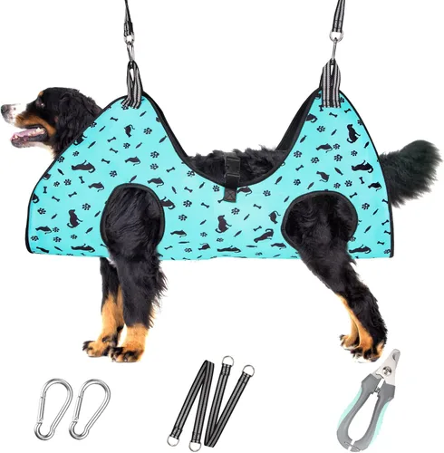 Vista 11 de Hamaca de aseo para mascotas para perros y gatos pequeños – Eslinga para recortar uñas con cortaúñas, lima de uñas y tijeras – Arnés de aseo