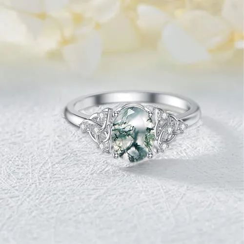 Vista 3 de MUUYON Anillo de compromiso de ágata musgo natural para mujer, oro real sólido de 14 quilates, ágata musgo, anillo de compromiso de novia con ágata