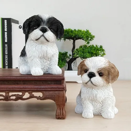 Vista 2 de Linda estatua de perro Shih Tzu para decoración del hogar, resina de simulación de animal, linda figura de cachorro, artesanía de resina, accesorios