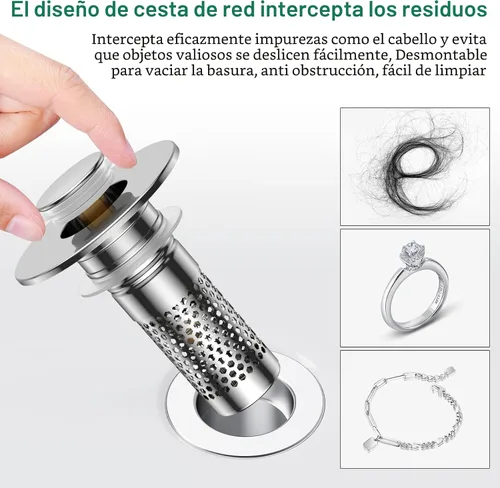 Vista 5 de Colador de Drenaje para Lavabo de Baño, Tapón Emergente Universal para Lavabo Recogedor de Pelo, Cesta de Filtro de Drenaje de Acero Inoxidable