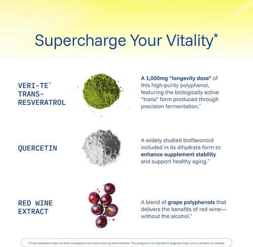 Vista 5 de ProHealth Resveratrol 1000mg Trans-Resveratrol puro Plus Quercetina, vino tinto y extracto de té verde Clínicamente estudiado para apoyar