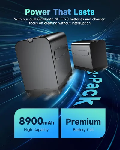 Vista 3 de FirstPower Paquete de 2 baterías NP-F970 y cargador dual USB para batería Sony NP-F970 F960 F950 F930 F750 F570 F550 F530 F330 y Sony Handycams