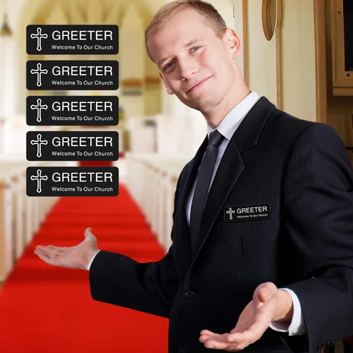 Vista 7 de Sabary 10 etiquetas magnéticas con nombre para la iglesia, con texto en inglés "Welcome to Our Church", etiqueta personalizada de 1 x 3 pulgadas