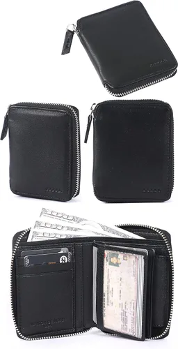 Vista 7 de Cartera de piel auténtica con triple pliegue y cremallera alrededor para hombres Horinzontal Cartera vertical con cremallera y tarjetero Regalo