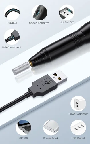 Vista 2 de Kit profesional de taladro de uñas USB de 20000 RPM para uñas acrílicas, pulido de manicura y pedicura con 6 brocas de uñas, bandas de lijado y Negro