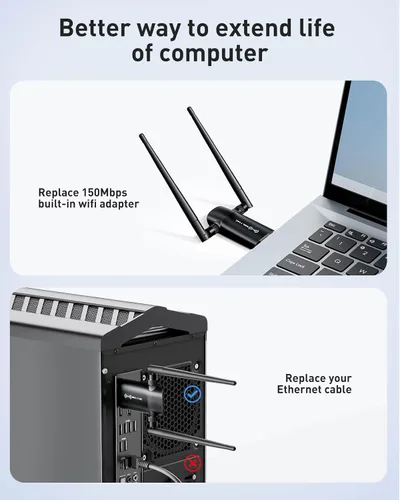 Vista 4 de Nineplus Adaptador WiFi USB inalámbrico para PC - 1300 Mbps Antenas duales 5Dbi 5G/2.4G Adaptador WiFi para PC de escritorio portátil