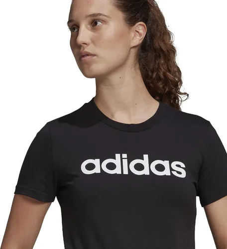 Vista 3 de adidas Camiseta de ropa de descanso para mujer con logotipo delgado, BlancoNegro