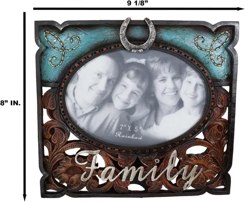 Vista 2 de Ebros Gift Rustic Western Family - Marco de fotos de piel sintética turquesa y resina de madera tallada, 7 x 5 pulgadas, con caballete trasero