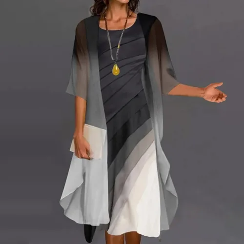 Vista 3 de Vestido de manga corta para mujer, casual, con estampado de moda, cuello redondo, longitud media, de dos piezas