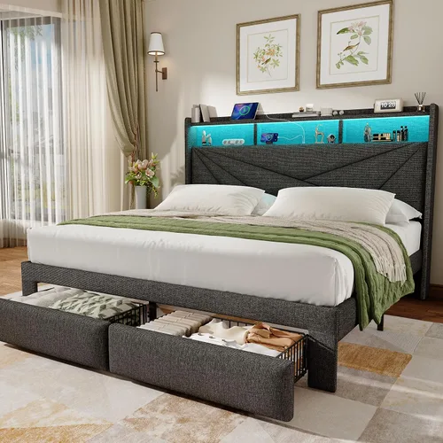 Vista 8 de Driftalia Base de cama de tamaño completo con cabecera de almacenamiento de 2 niveles, base de cama de tamaño completo tapizada con 2 cajones