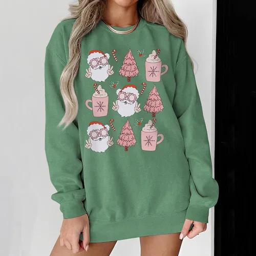 Vista 3 de Pink Christmas Sweatshirt for Women Fall Winter New Casual Fashion Christmas Santa Printed Sweater Top Crewneck