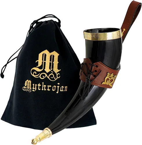 Vista 37 de Mythrojan Cuerno vikingo para beber 100% natural, auténtico, decoración de latón, cuerno nórdico con funda de cuero negro, bolsa de lona para vino
