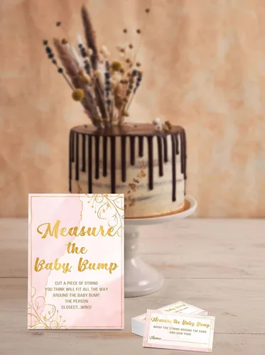 Vista 3 de Juego de baby shower, mide la protuberancia del bebé (1 letrero de pie + 50 tarjetas de búsqueda), papel de aluminio dorado con texto en inglés «How