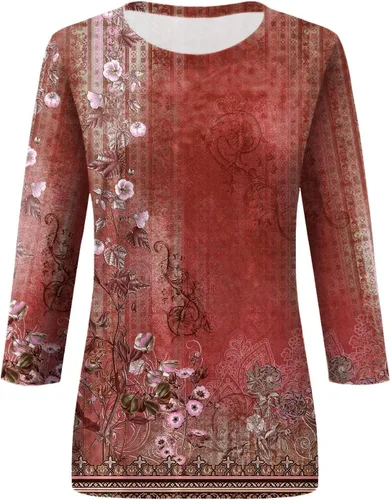Vista 3 de Camisetas personalizadas para mujer, a la moda, casual, de séptima manga, estampada, cuello redondo, camiseta