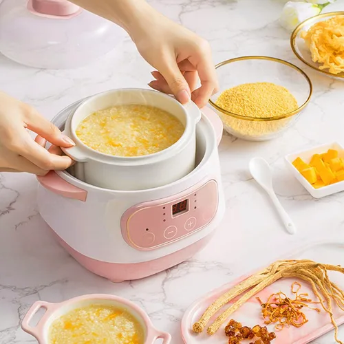 Vista 2 de Jiawu Olla eléctrica para estofado, olla arrocera digital de 200 W 1 L con tapa, pequeña olla de cerámica con temporizador integrado, hace sopas