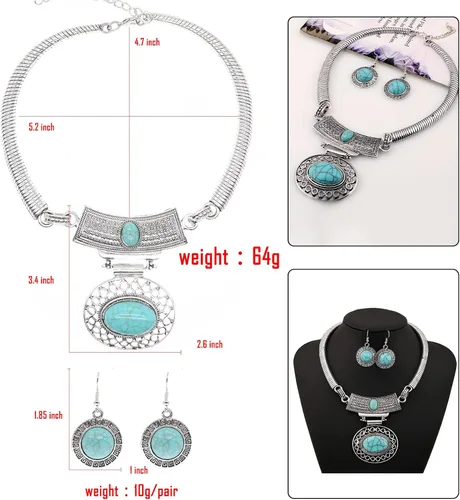 Vista 3 de HSQYJ Fashion Exaggerate - Juego de collar y aretes colgantes de cristal bohemios, estilo retro, étnico, tribal, dije ovalado, geometría, conjunto