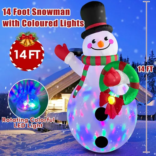 Vista 2 de Danxilu - Muñeco de nieve inflable gigante de 14 pies de Navidad, sosteniendo guirnalda, luces LED giratorias integradas, muñeco de nieve inflable