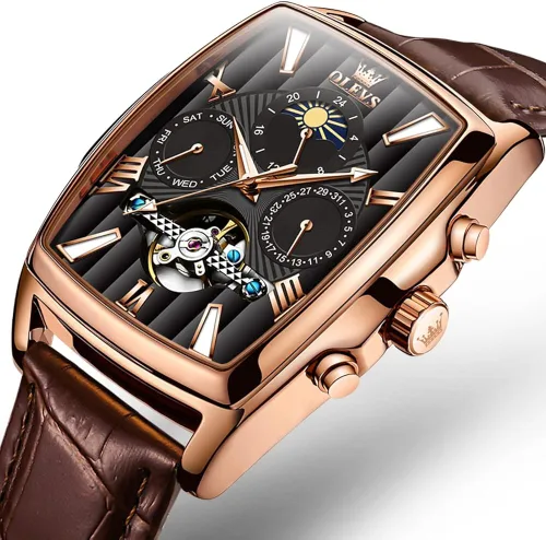 Vista 2 de OLEVS Relojes rectangulares para hombre, de cuero marrón, mecánico, automático, de moda, de negocios, luminoso, impermeable, relojes de pulsera