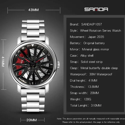 Vista 4 de GORBEN Reloj de pulsera para hombre creativo 3D con rueda de automóvil, reloj giratorio de cuarzo a la moda, reloj de pulsera elegante con correa