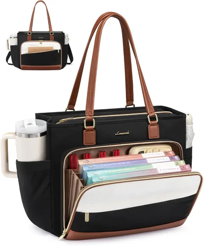 Vista 10 de LOVEVOOK Bolsa de mano para profesores, bolsa para laptop para mujer con portavasos grande y área de archivo de acordeón, bolsa de trabajo
