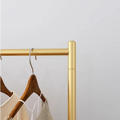Vista 5 de Perchero moderno de metal para colgar ropa, perchero dorado con estantes, organizador de ropa de pie para dormitorios y boutiques, perchero de una
