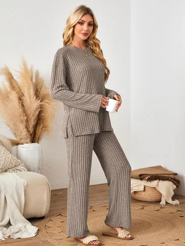 Vista 4 de Conjunto de 2 piezas para mujer, de gran tamaño, holgado, a juego, ropa de descanso de punto, ropa de dormir