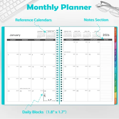 Vista 3 de Agenda mensual 2026 – enero 2026 – diciembre 2026, calendario de 12 meses 2026, 9 x 11 pulgadas, pestañas mensuales coloridas, adecuado