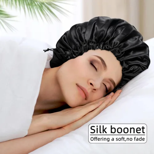 Vista 3 de Gorro de seda de satén para cabello rizado, gorro trenzado para dormir, para mujer, grande, doble capa ajustable (2 unidades, negro) Double Layer