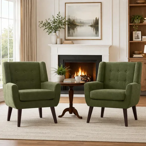 Vista 28 de HUIMO - Sillas Accent para sala de estar, sillón tapizado de lino con botones y nudos con patas de madera, cómodo sillón moderno de mediados