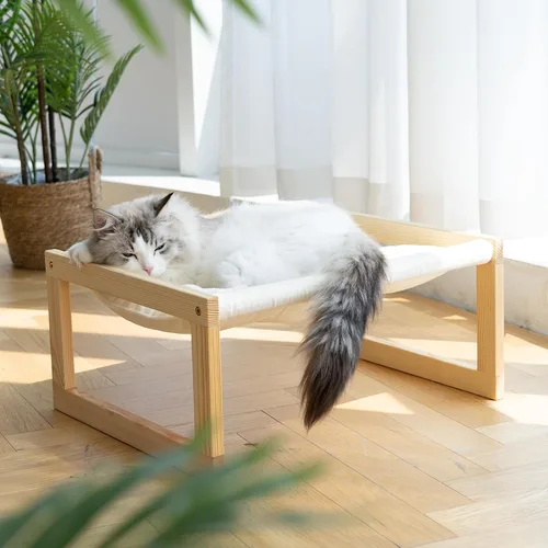 Vista 8 de FUKUMARU Hamaca Cama para Gatos, Cómodo Sofá de Terciopelo para Gatos de Interior, Percha de Madera Elevada para Gatos, Sofá para Mascotas de 21