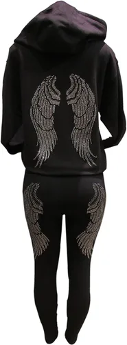 Vista 5 de Plata y Negro Rhinestone alas de ángel manga larga Capucha cierre Suéter Negro