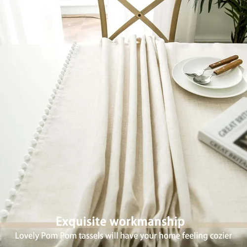 Vista 2 de DriftAway Mantel decorativo con borlas y pompones, de lino, rectangular, texturizado, para interiores y exteriores, comedor, buffet, cena, 55 Lino
