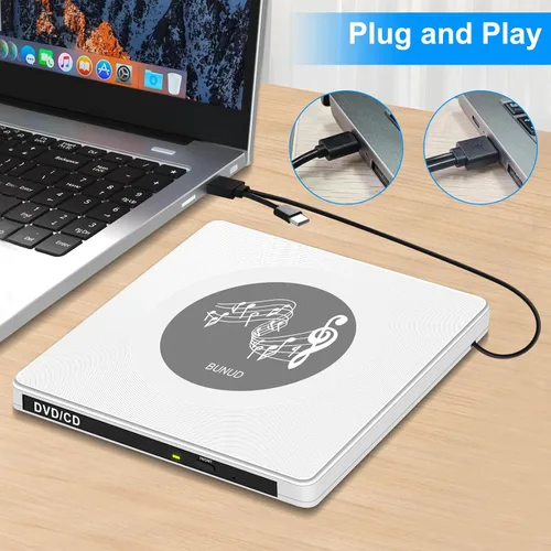 Vista 2 de BUNUD Unidad externa de CD y DVD: USB C y USB 3.0 Grabador de CD Reproductor de DVD para PC portátil Windows 11 Mac Linux - Escritor lector