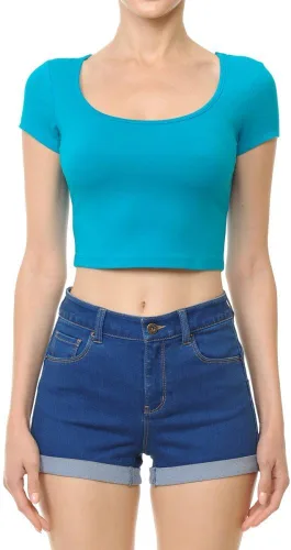 Vista 6 de HATOPANTS - Ombliguera básica de algodón con cuello redondo y manga corta, para mujer