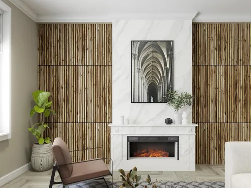 Vista 5 de Woody Walls Paneles de pared de listones de madera maciza, cada panel de pared de listones de madera está hecho de madera real, los paneles
