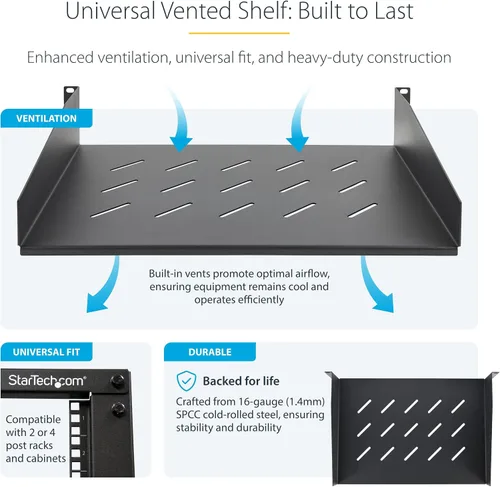 Vista 3 de StarTech - Estante ventilado de 2U para servidores, 12 pulgadas, 25 libras (CABSHELFV2U-12-RACK) EIA-310 19in fit, 24.9 lbs, 12.4 in profundidad